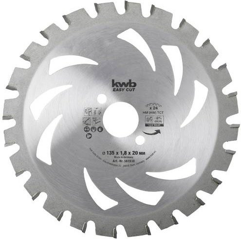 Kwb Hartmetall Kreissägeblatt für Holz, Metall und Kunststoff, Farbe: Silber, Durchmesser: 135 mm, Bohrung: 20 mm, Dicke: 1,2 mm, 24 Zähne - Bild 1