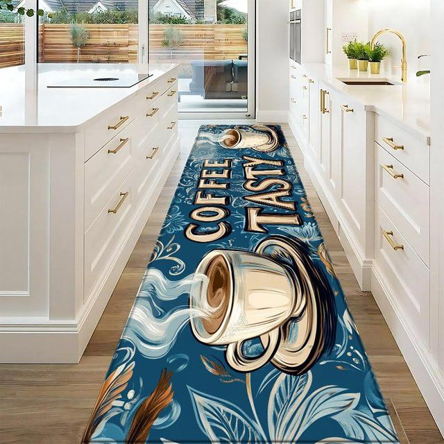 Anti-Ermüdungs-Küchenteppich mit Kaffeeprint, wasserdicht und rutschfest, gepolsterte Küchenmatte in Schwarz-Weiß, B/T: 160 x 200 cm - Bild 1