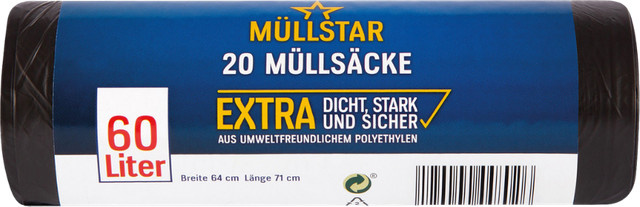 Müllstar Müllsäcke 60 Liter, extra stark, schwarz/blickdicht, B/H: 64 x 71 cm, 20 Stück - Bild 1