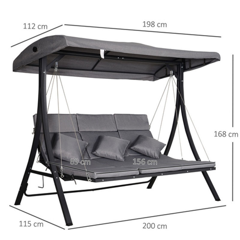 Outsunny Hollywoodschaukel aus Metall in Grau mit Sonnendach und Kissen, B/H/T: 200 x 168 x 115 cm - Bild 8