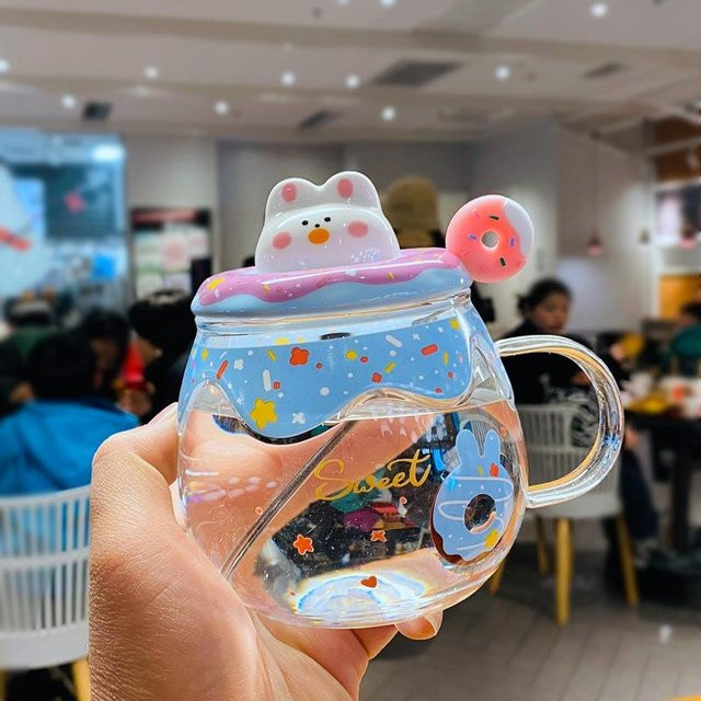 Yiran bag Keramik Tasse mit Deckel in Katzen-Design, 420 ml, erhältlich in Pink, Blau, Gelb und Multicolour - Bild 1