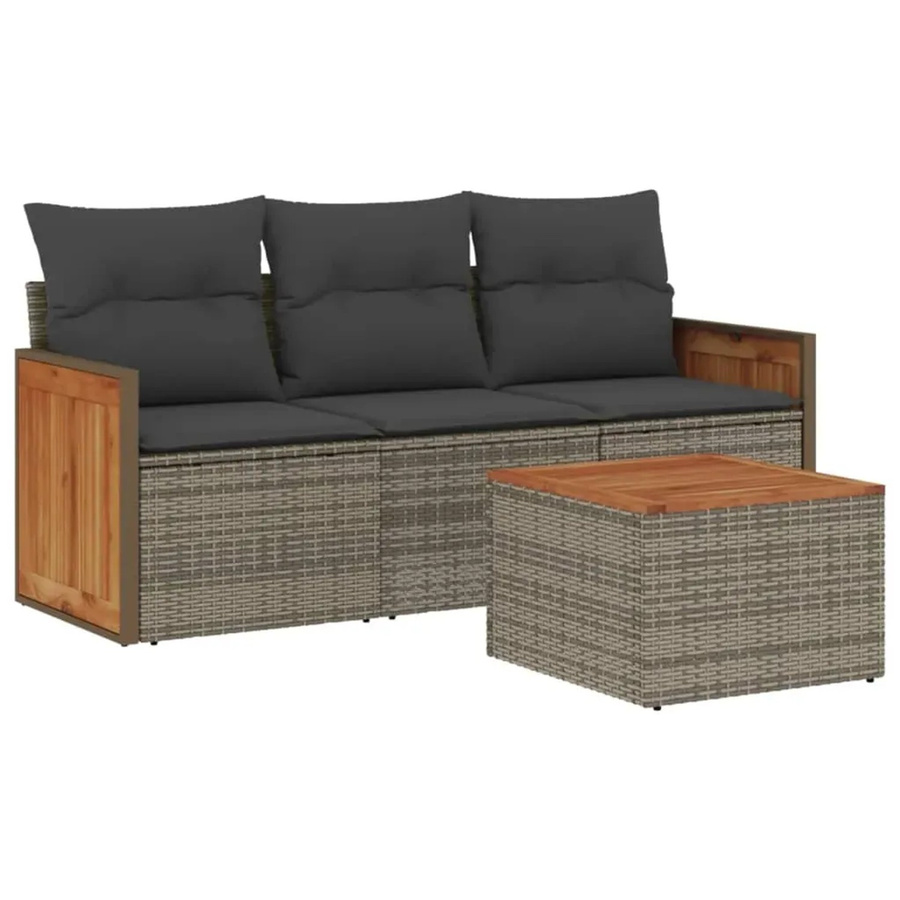 vidaXL 4-teilige Garten-Sofagarnitur aus Poly-Rattan und Akazienholz in Grau mit Kissen - Bild 2