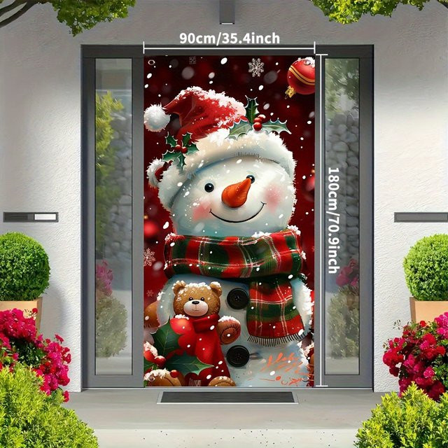WINTOGETHER Weihnachtsschneemann Türabdeckungsvorhang aus Polyester, Weihnachtsdekoration Hintergrundwand, Mehrfarbig, B: 180 cm, H: 90 cm - Bild 1