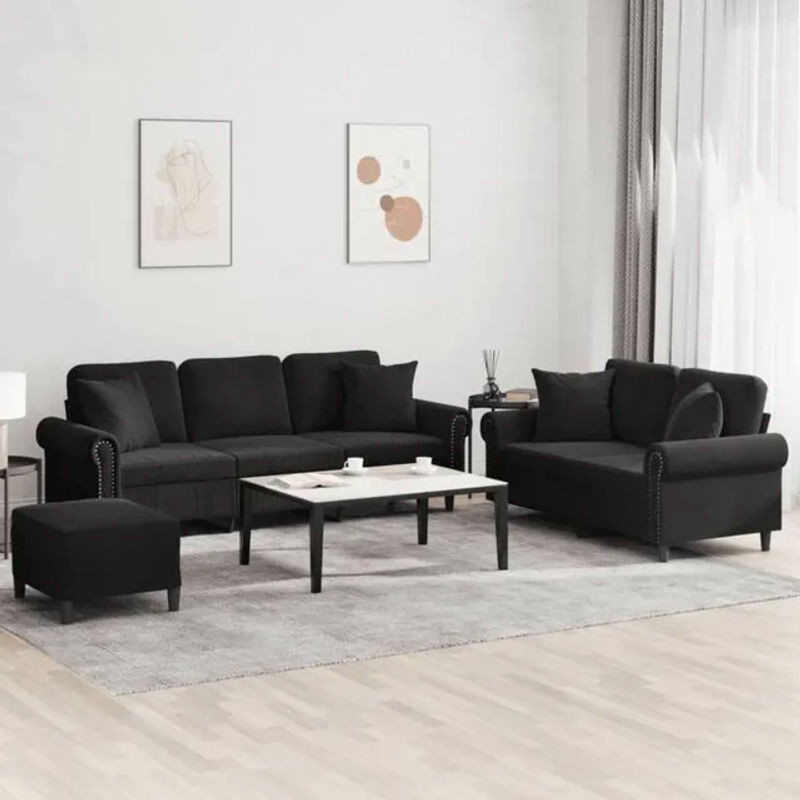 Vidaxl 3-tlg. Sofagarnitur in Schwarz aus Samt und Polyester mit Metallgestell - Bild 1