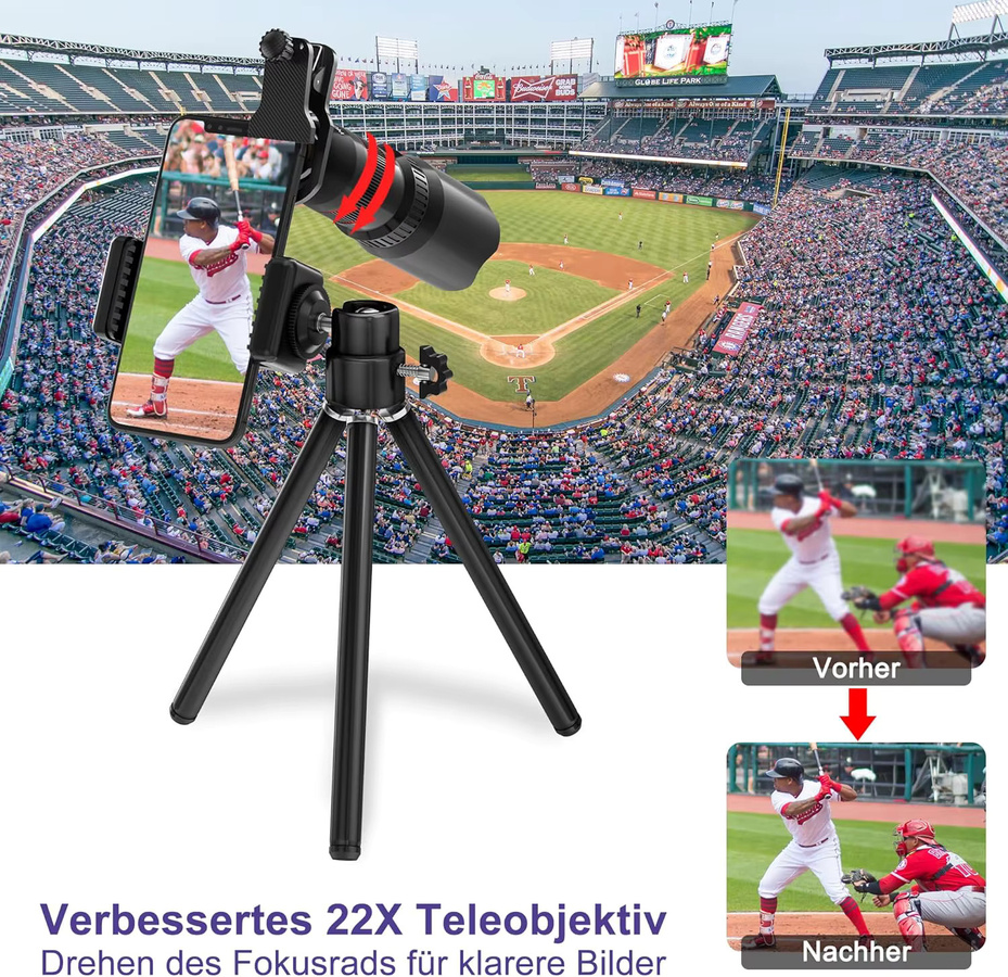 VersandMobiles Handy Linsen-Kombinationsset in Schwarz mit Stativ, bestehend aus 22X Teleobjektiv, 25X Makro Objektiv, 0,62X Weitwinkel und 235° Fischauge Objektiv, universelles Smartphone Linsen Kit - Bild 5