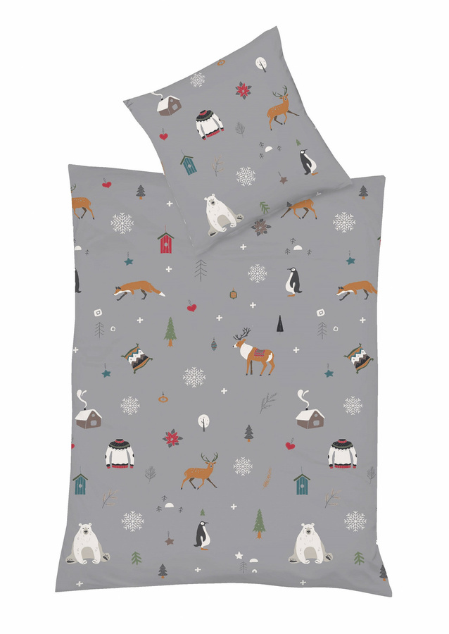Fleuresse Mako-Satin Bettwäsche mit Fuchs, Hirsch und Winterbäumen in Grau, B/H: 155 x 220 cm mit Kissenbezug 80 x 80 cm - Bild 1