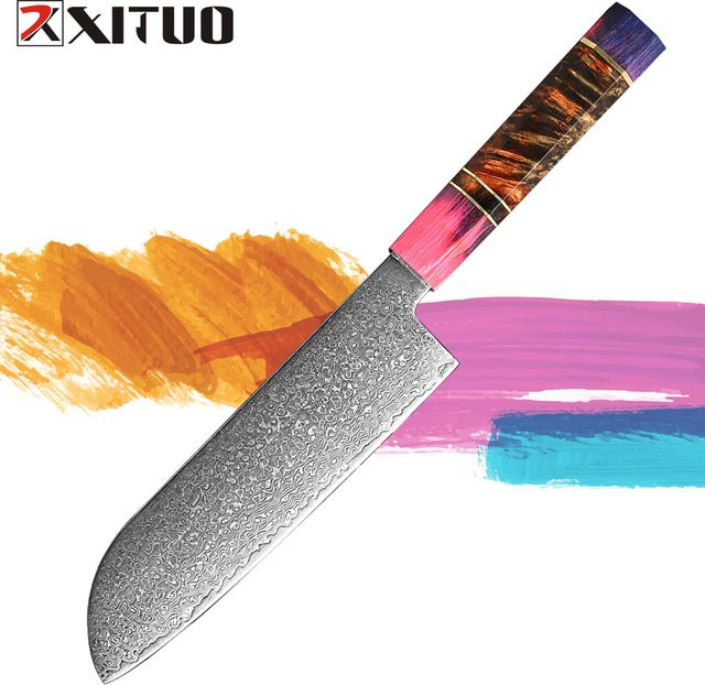 XITUO Santoku-Messer aus Damaszener Stahl mit achteckigem Holzgriff, 7 Zoll, Mehrfarbig - Bild 1