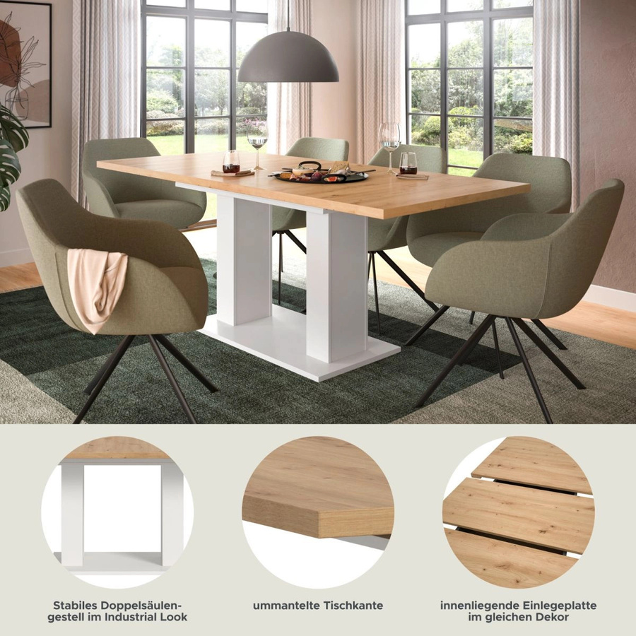 Inn.Furn Esstisch ausziehbar in Eiche und Weiß, rechteckiger Küchentisch modern - Bild 5