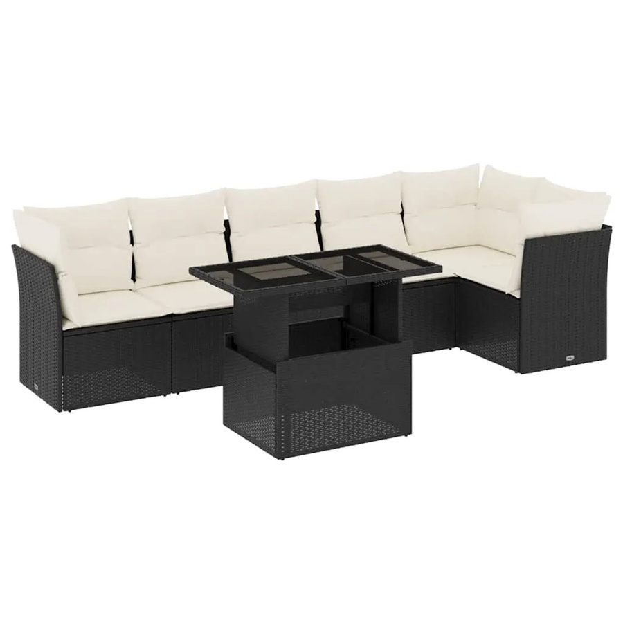 vidaXL 7-teilige Garten-Sofagarnitur in L-Form aus schwarzem PE-Rattan mit cremeweißen Polsterkissen und Gartentisch - Bild 2