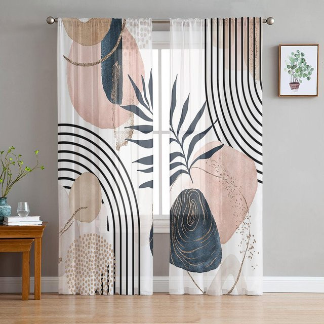 Moderne Boho Geometrische Transparente Vorhänge aus Organza in Weiß, Breite: 135 cm, Höhe: 115 cm - Bild 1