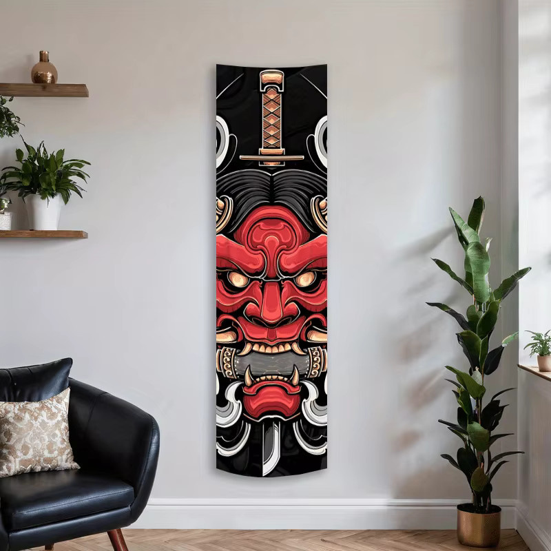VIKAMA Japanischer Wandteppich mit Hannya-Maske und Katana-Design in Rot und Schwarz - Bild 2