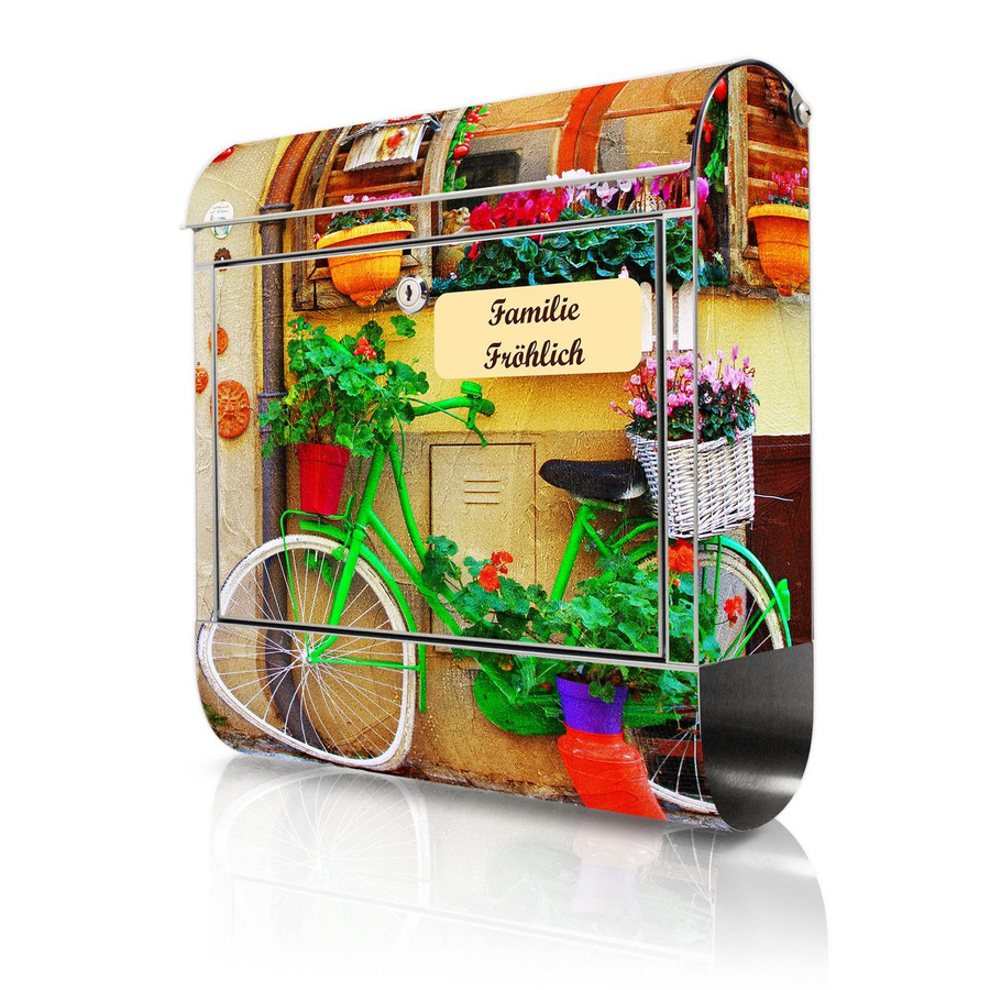 banjado Großer Briefkasten aus rostfreiem Edelstahl mit Motiv Grünes Fahrrad, Farbe Silber/Mehrfarbig, B/T/H: 38 x 43 x 12,5 cm - Bild 1