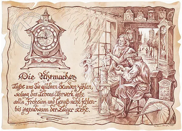 Vintage Zunftbild Uhrmacher als Poster auf Antikpapier, Mehrfarbig, Höhe: 29,7 cm, Breite: 21,0 cm - Bild 1