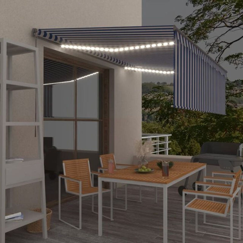 Vidaxl Markise manuell einziehbar mit LED-Rollo in Blau/Weiß, B: 400 cm - Bild 1