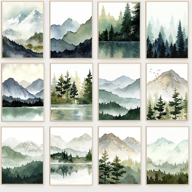 Potdemiel Leinwandgemälde Waldsee mit nebliger Berglandschaft und Kiefernbaum als minimalistischer Wandkunstdruck - Bild 1