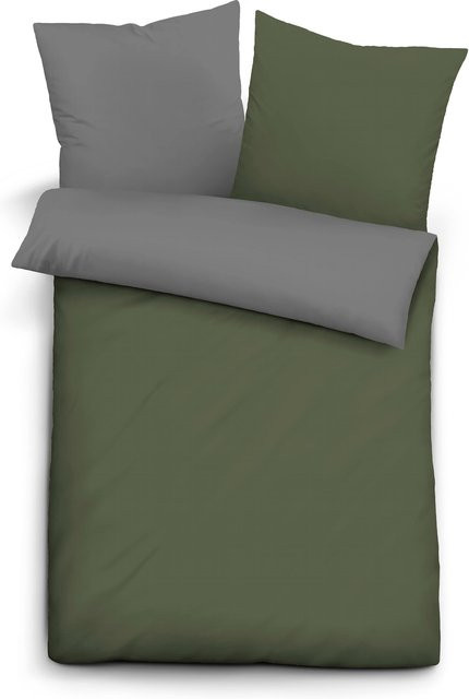 Biberna Bettwäsche Linon aus 100% Baumwolle, atmungsaktiv und reversibel, Grau/Grün, 80x80 cm - Bild 1