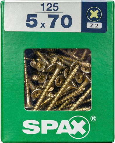 Spax Universalschraube aus Stahl mit Pozidriv-Antrieb, goldfarben, 125 Stück, Durchmesser: 5 mm, Länge: 70 mm - Bild 1