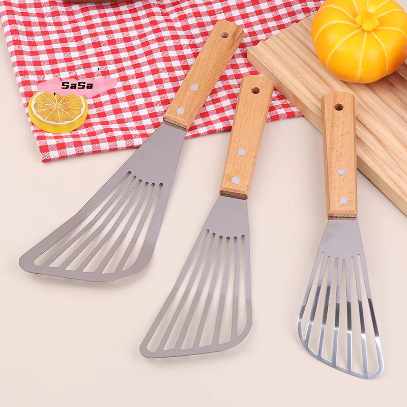YOWEI Edelstahl-Schlitzspatel mit Holzgriff in Silber, fächerförmige Fischbraten-Schaufel für hitzebeständiges Kochen - Bild 3