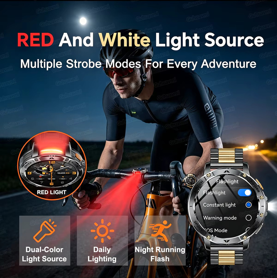 GUHUAVMI Taktische Sport-Smartwatch mit 1,7 Zoll Display, 1400mAh Akku, Herzfrequenzmessung, Taschenlampe und 5ATM Wasserdichtigkeit, Schwarz-Orange - Bild 3