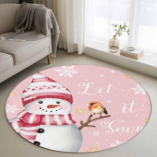 VIKAMA Runder Teppich mit Schneemann-Motiv in Rosa, waschbar und rutschfest für deine Weihnachtsdekoration im Innenbereich - Bild 1