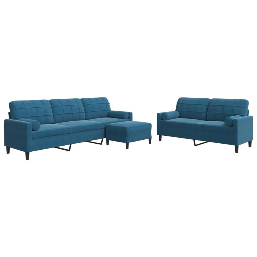 vidaXL 3-teilige Sofagarnitur aus Samt in Blau mit 3-Sitzer-Sofa, 2-Sitzer-Sofa, Fußhocker und Nackenkissen - Bild 2
