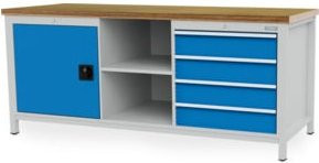 Bedrunka+Hirth Kastenwerkbank mit 4 Schubladen aus Stahl und Holz, grau/blau, B/T/H: 200 x 75 x 95,9 cm - Bild 1