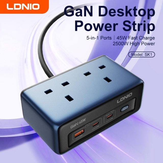 LDNIO 5-in-1 Steckdosenleiste mit Überspannungsschutz, 2 AC UK Steckdosen, 3 USB und 1 USB-C Port, 2 m Verlängerungskabel, Blau - Bild 1