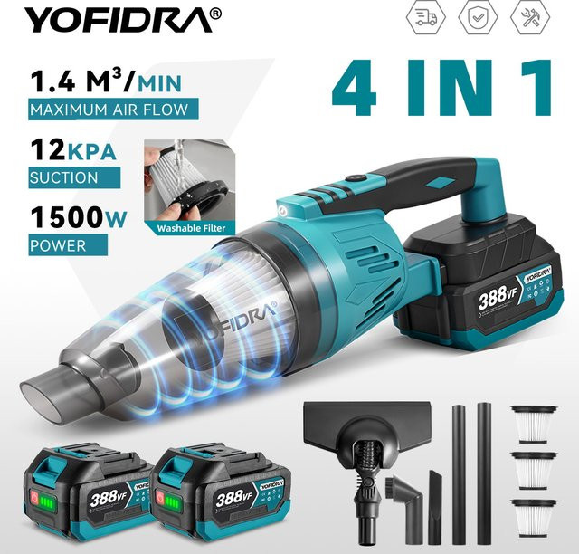 Yofidra 4in1 Akku Staubsauger 1500W mit 12KPA Saugkraft für Haus und Auto inklusive 3 Filtern und Kompatibilität mit Makita Akku - Bild 1