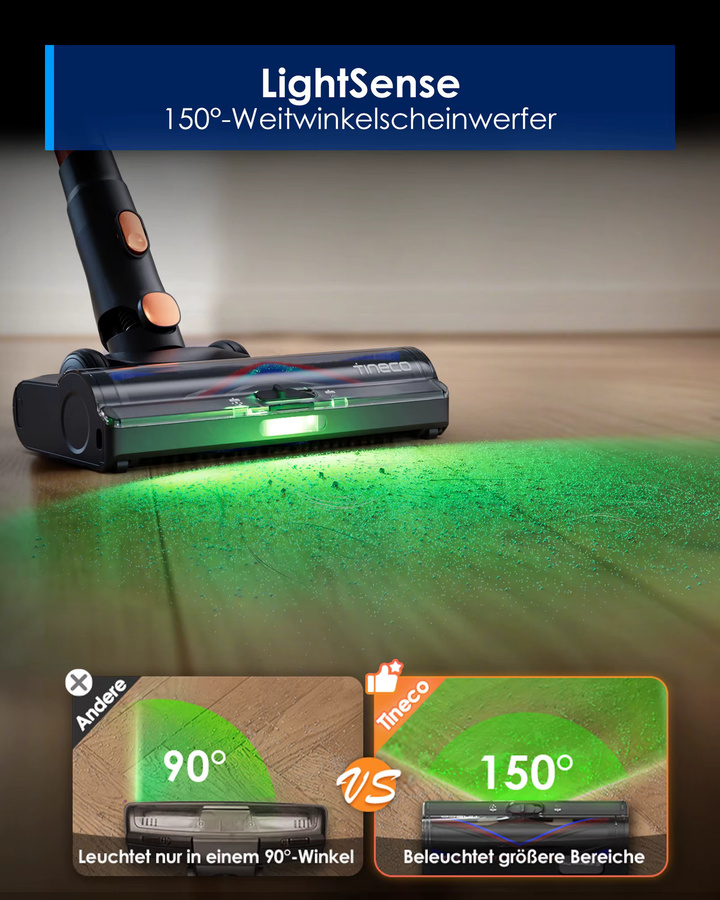 Tineco Pure ONE S70 Akku Staubsauger in Orange mit 200 AW Saugkraft, LED-Beleuchtung, 3DSense Pro Reinigungssystem, ZeroTangle-Bürste und bis zu 95 Min. Laufzeit - Bild 5