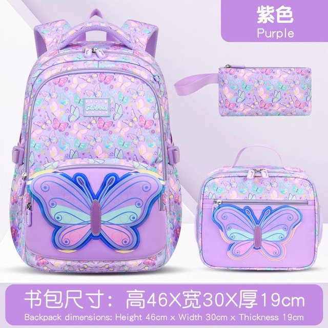 Fancy Style Studio Schulrucksack Set für Mädchen mit Brotdose und Federmäppchen, Schultasche mit Schmetterlings-Design, Farbe: Lila - Bild 1