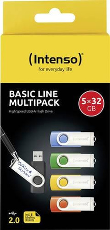 Intenso Basic Line USB-Stick 5er Pack, 5 x 32GB USB-A USB 2.0, Multicolor (Gelb, Grün, Blau, Orange, Schwarz)
