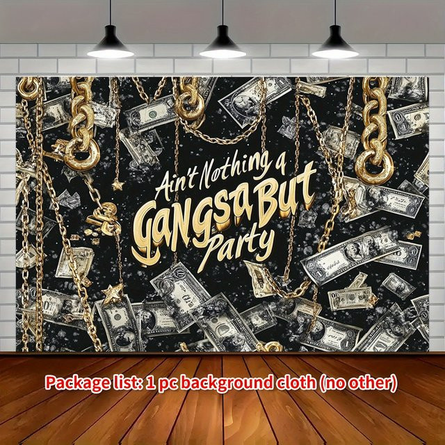 2DPlane Gang Party Hintergrundbanner mit Hip-Hop-Thema und schwarzem Geldmuster in Schwarz und Blau, ideale Dekoration für Rap-Geburtstage und Junggesellenabschiede - Bild 1