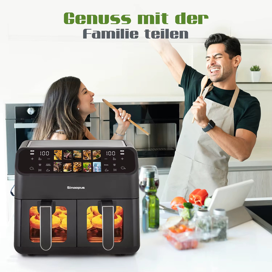 Sinaopus Heißluftfritteuse mit 9L Fassungsvermögen und Dual Zone Technologie in Schwarz mit LED-Touch-Steuerung und Sichtfenster - Bild 5