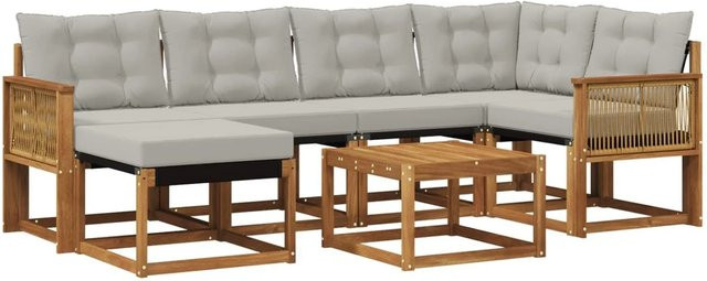 vidaXL Outdoor-Sofagarnitur aus Akazienholz und Textilene mit 7 Kissen in Natur und Hellgrau - Bild 1