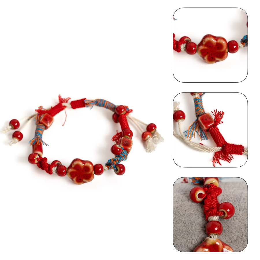 Armband, Rotes Blumen-Keramik, Wachsschnur, Verstellbar, Kinder - Bild 3