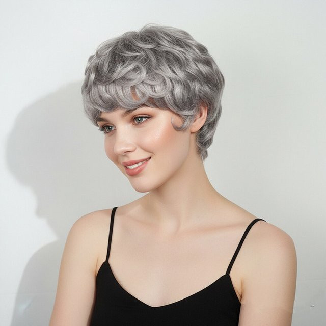 OYM HAIR Pixie-Cut-Perücke aus Echthaar, grau, kurz, lockig, Damen - Bild 1