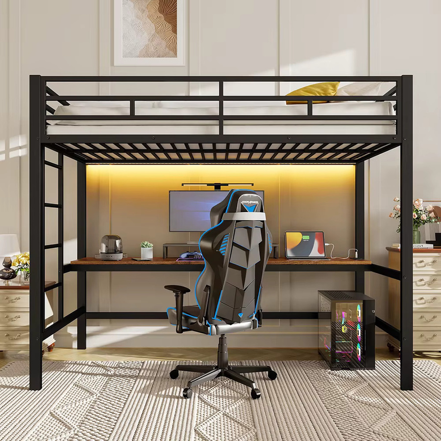 KOMHTOM Hochbett aus Metall in Schwarz mit LED-Lichtleiste, Schreibtisch, Geländer, Trittleiter und USB-Ladestation, B/T/H: 90 x 200 cm - Bild 2