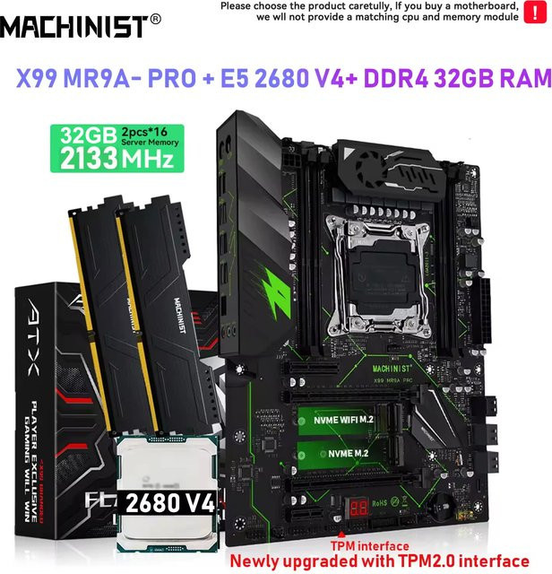 Machinist X99 MR9A PRO Motherboard Kit mit LGA2011-3 Xeon E5-2680 V4 CPU, 32GB DDR4 Arbeitsspeicher und Dual NVMe M.2, Schwarz - Bild 1