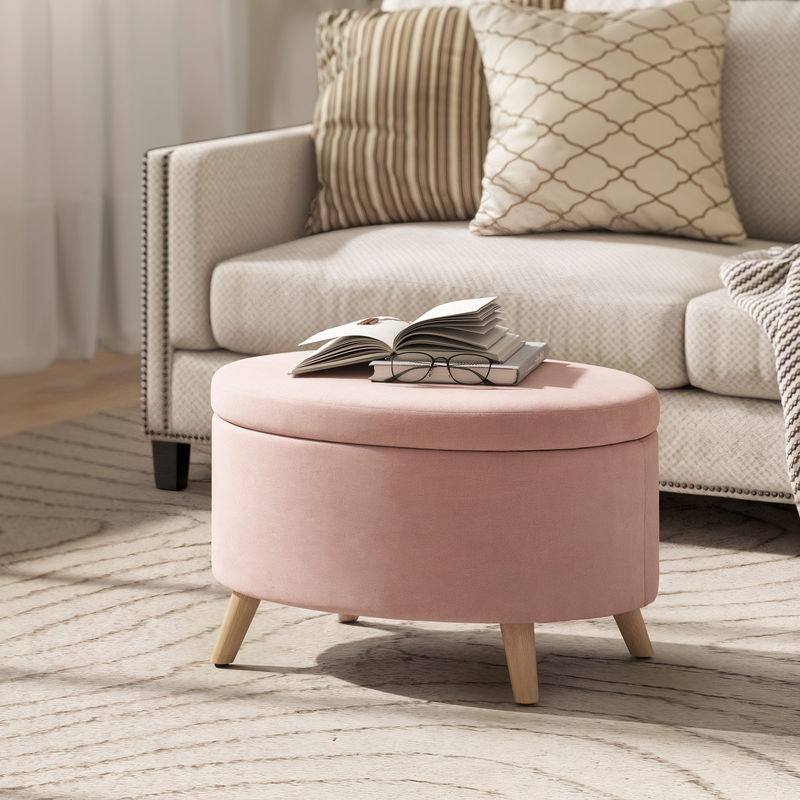 Aosom HOMCOM Ovaler Aufbewahrungs-Pouf in Hellrosa mit Samtbezug und Massivholzbeinen, B/T/H: 71 x 51,5 x 42 cm - Bild 2