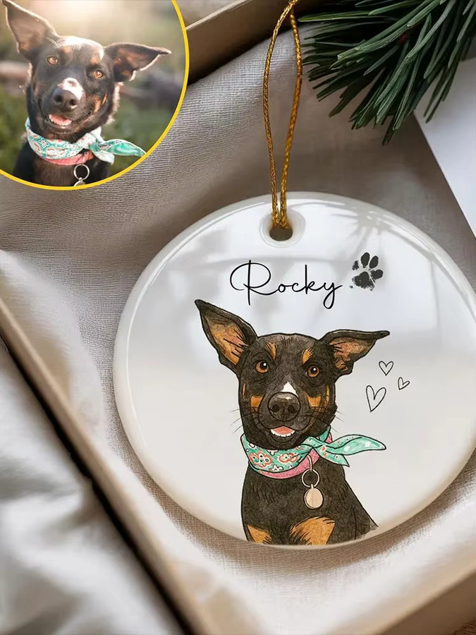 BAUTOBVC Personalisiertes Aquarell-Haustierfoto-Ornament aus Keramik in Weiß, rundes Weihnachtsanhänger-Geschenk für Hunde oder Katzen - Bild 3