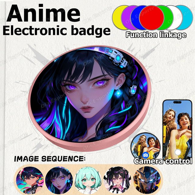 Ola Esporte GIF Dynamisches Anime Smart E-Badge mit Regenbogenlicht und Foto-Video-Player in Gold und Multicolour - Bild 1