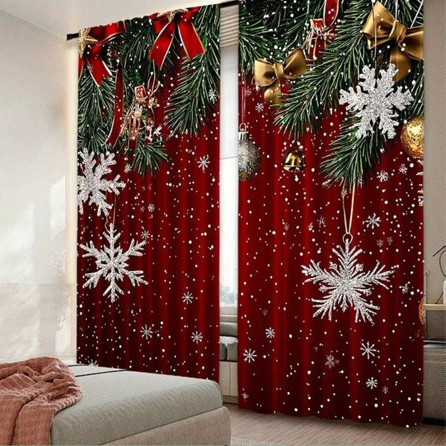 2er-Set rote Weihnachtsmuster Fenstergardinen mit Weihnachtskugeln, halbtransparent, Rod Pocket, Breite: 67 cm, Höhe: 245 cm - Bild 1