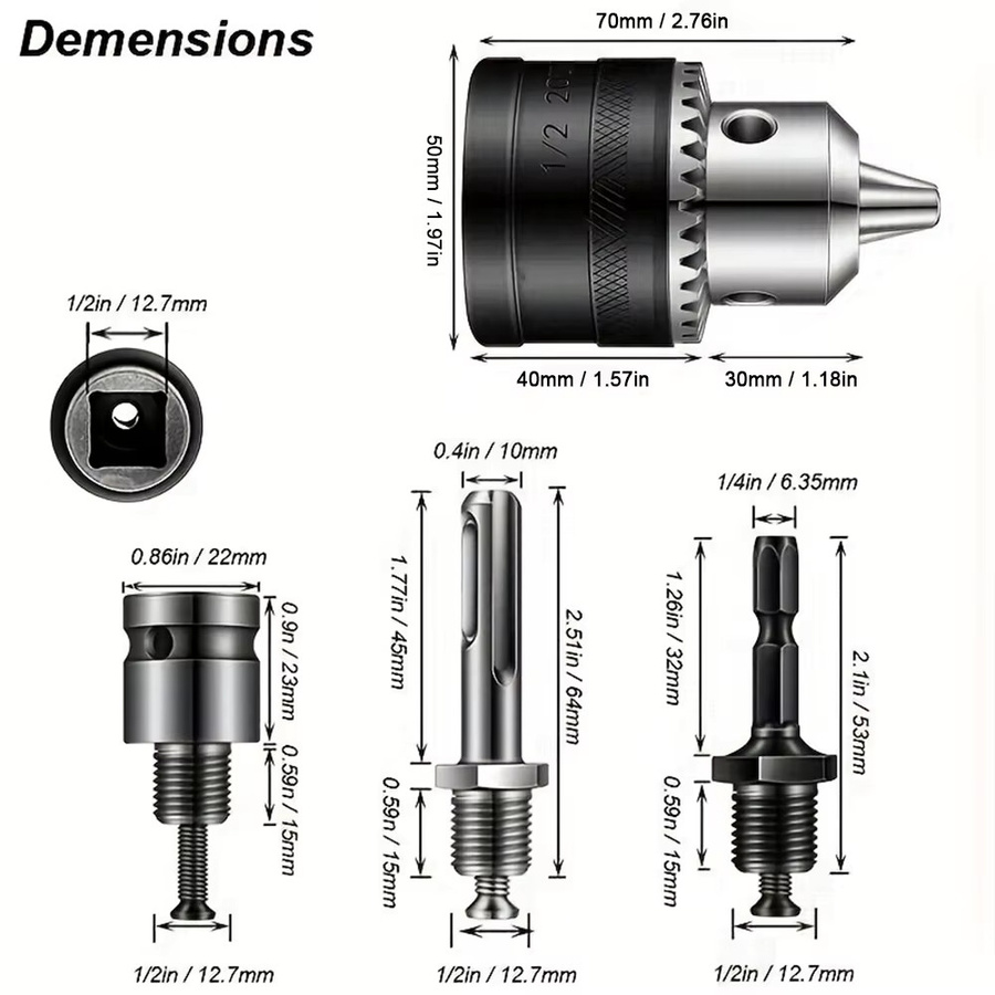 Bohrfutter-Adapter Set in Silber mit 1/2–20 UNF-Montage, 3,0–16 mm Spannbereich, Sechskantschaft und SDS-Plus-Sockel inklusive quadratischem Adapter und Spannfutterschlüssel für Schlagschrauber-Bits - Bild 2