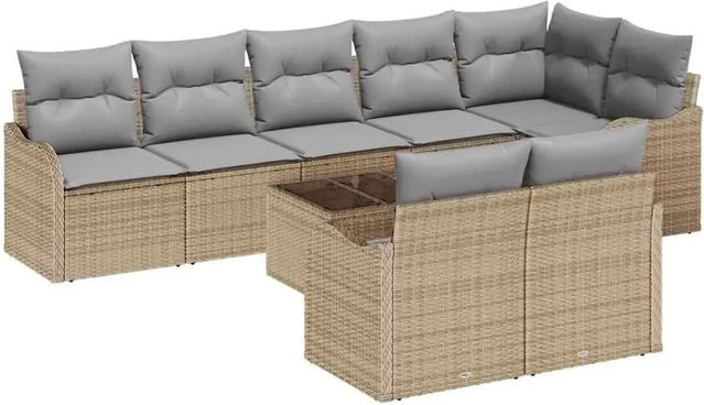 vidaXL Garten-Sofa-Set aus Poly-Rattan in Beige und Hellgrau, 9-teiliges L-Shape Lounge-Set mit Ecksofa, Mittelsitzen, Armsesseln, Tisch und UV-beständigen Polsterkissen - Bild 1