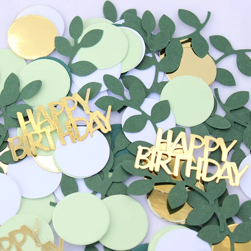 VRISE Geburtstagsparty Konfetti aus Papier, 120 Stück, Gold und Grün, Kreisförmiges Design mit Blättern und Alles Gute zum Geburtstag Schriftzug - Bild 2