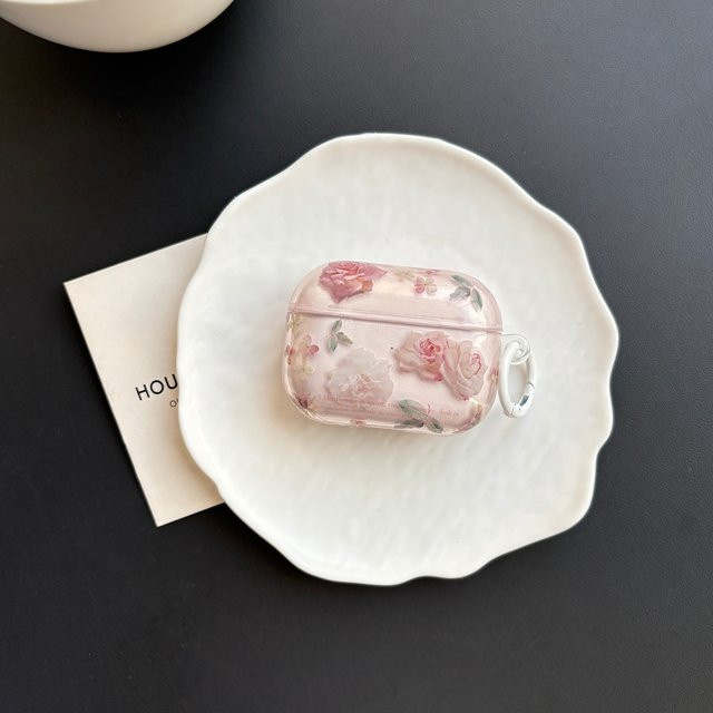 Stoßfeste Schutzhülle für AirPods 1, 2, 3, 4 und Pro 2 mit Haken in Rosa Transparent im Vintage Art Design - Bild 1