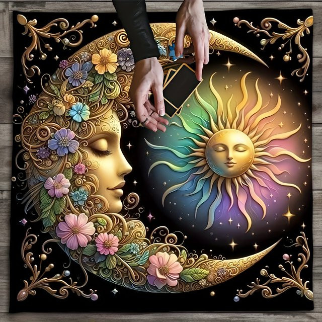 VIKAMA Tarot-Karten-Tischdecke aus Leinen mit Sonne und Mond Motiv in Multicolour für Wahrsagerei und Meditation - Bild 1