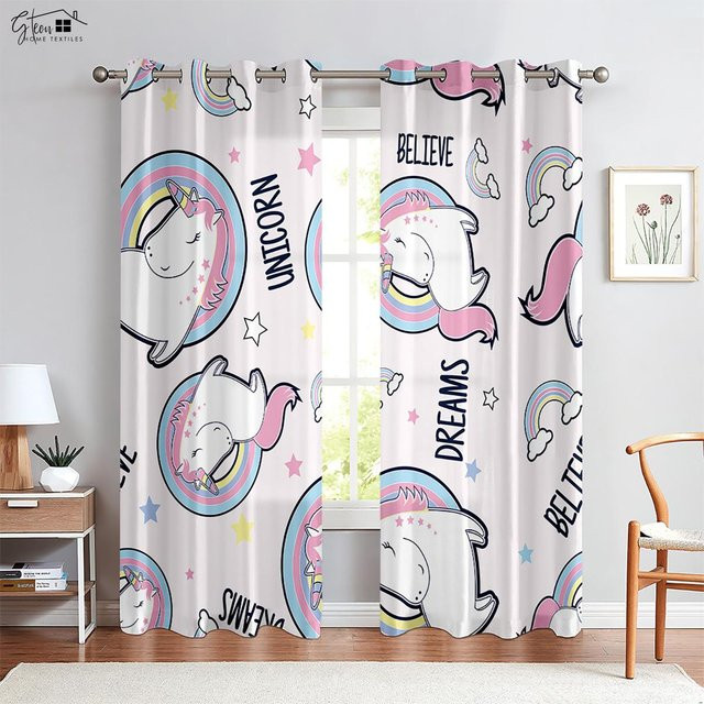Yiran Furniture Einhorn Vorhänge mit Sternenhimmel und Regenbogen für das Kinderzimmer, 2er-Set, Mehrfarbig, B: 50 cm, H: 130 cm - Bild 1