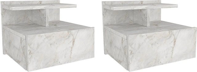 Vente-unique Nachttisch Azelno Weiß in Marmor-Optik, Wandmontage, Breite: 39,4 cm - Bild 1