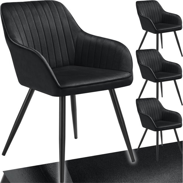 tectake Esszimmerstuhl Marilyn 4er Set, gepolstert in Samtoptik mit Steppmuster und Stahlbeinen, Schwarz, B: 58 cm, T: 62 cm, H: 82 cm - Bild 1